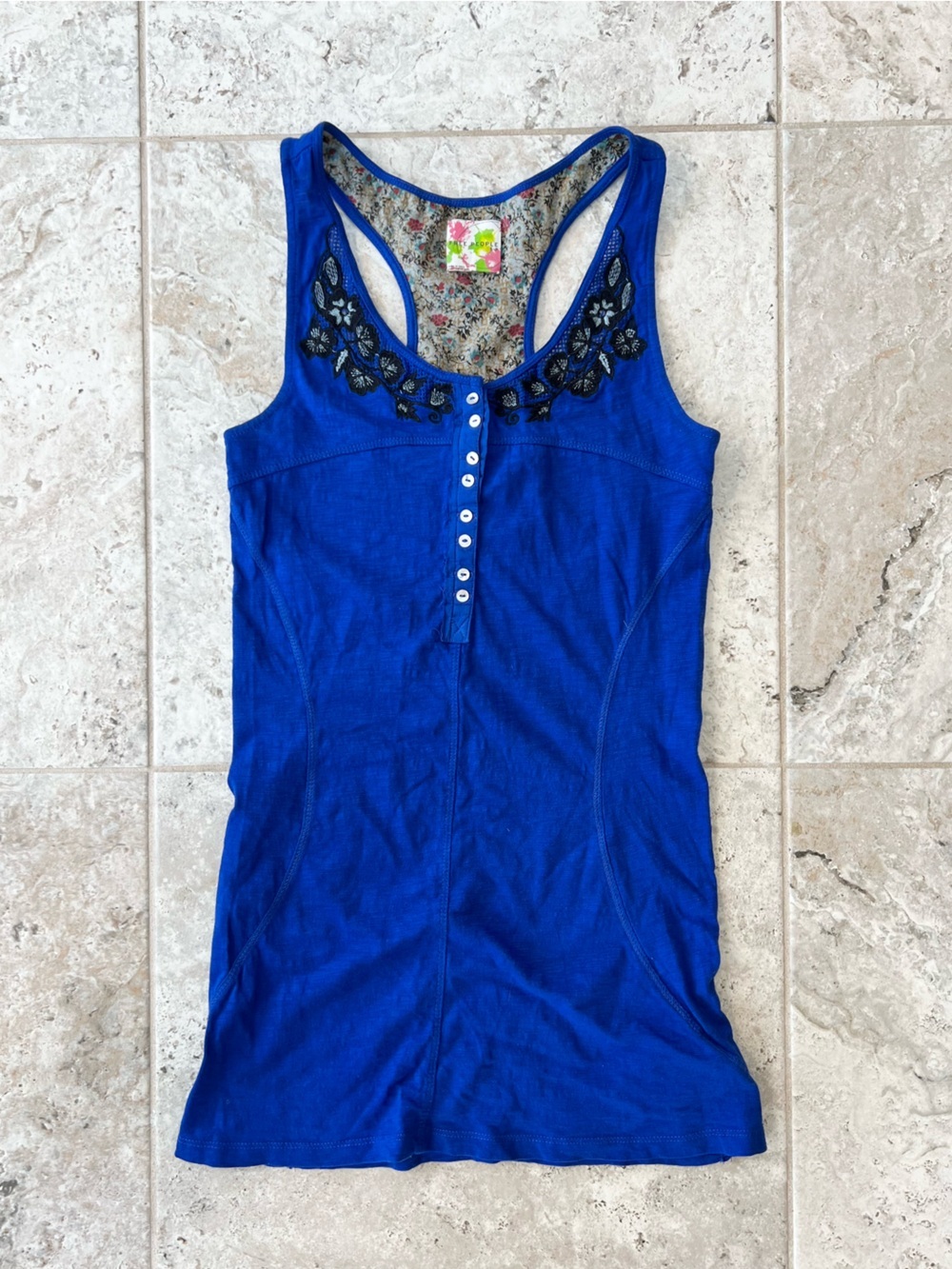 Free People Embroidered Racer Back Cotton Scoop Neck Button Front Tank Blue, S/P